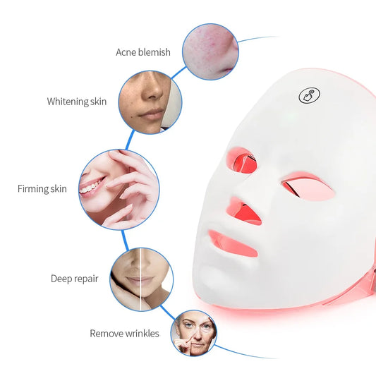 Mascarilla facial LED recargable de 7 colores, mascarilla de belleza con fotones LED para rejuvenecimiento facial en casa, lifting facial, blanqueamiento y cuidado de la piel.